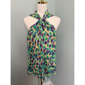 Etcetera 100% Silk Halter Neck Blouse Green Purple Abstract Print Size 14